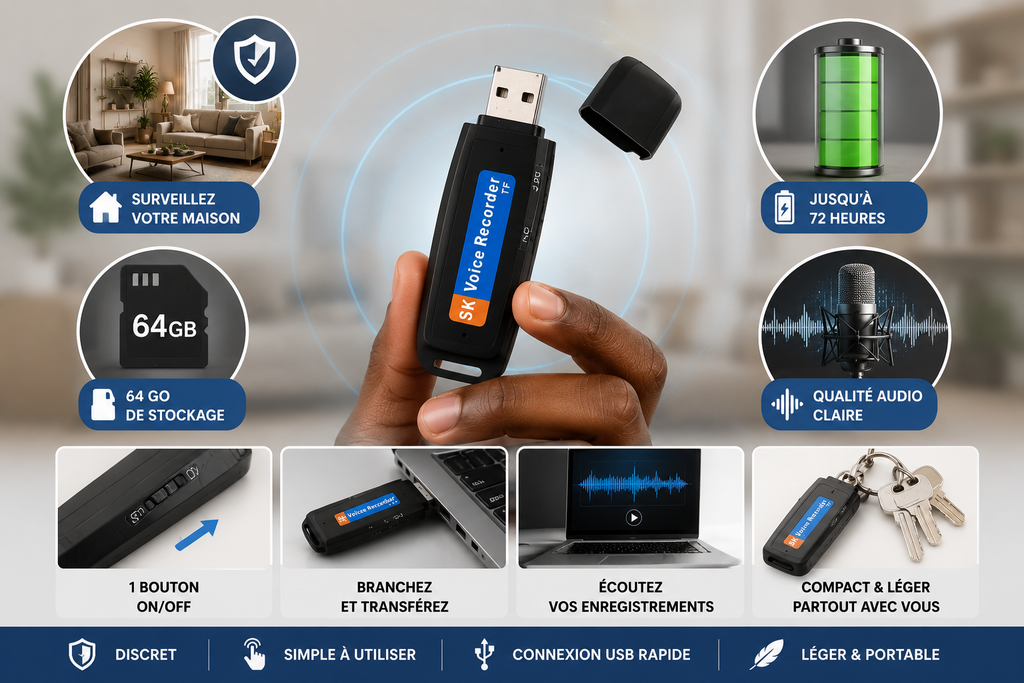 Enregistreur Vocal USB intelligent 64 Go - Discret pour vos réunions, cours et surveillance